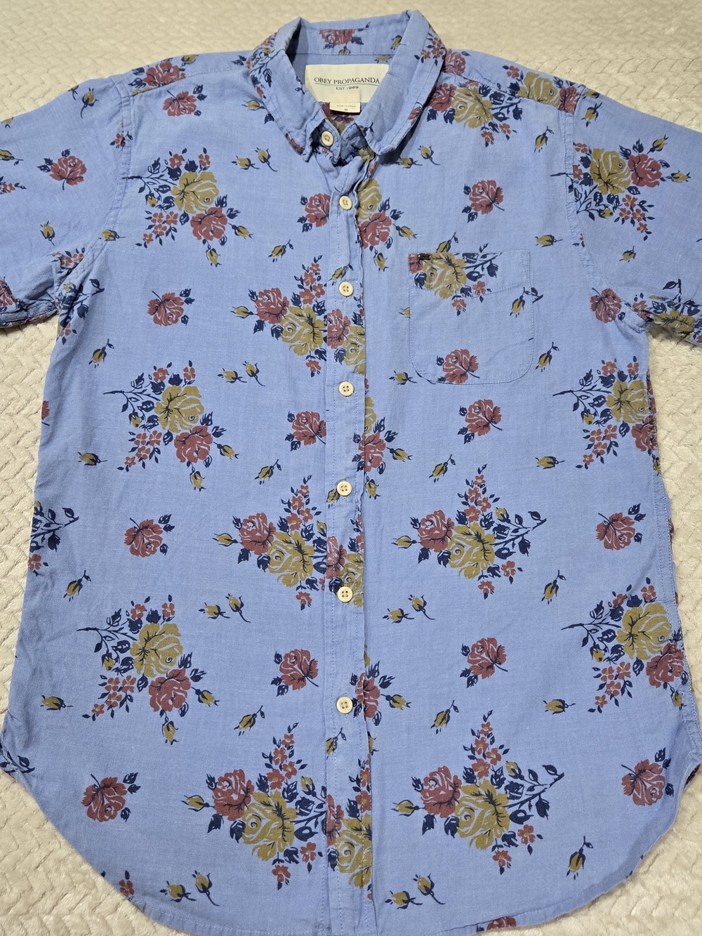Obey Shirt Mens Medium Blue Floral Print Short Sleeve Button Up Streetwear M